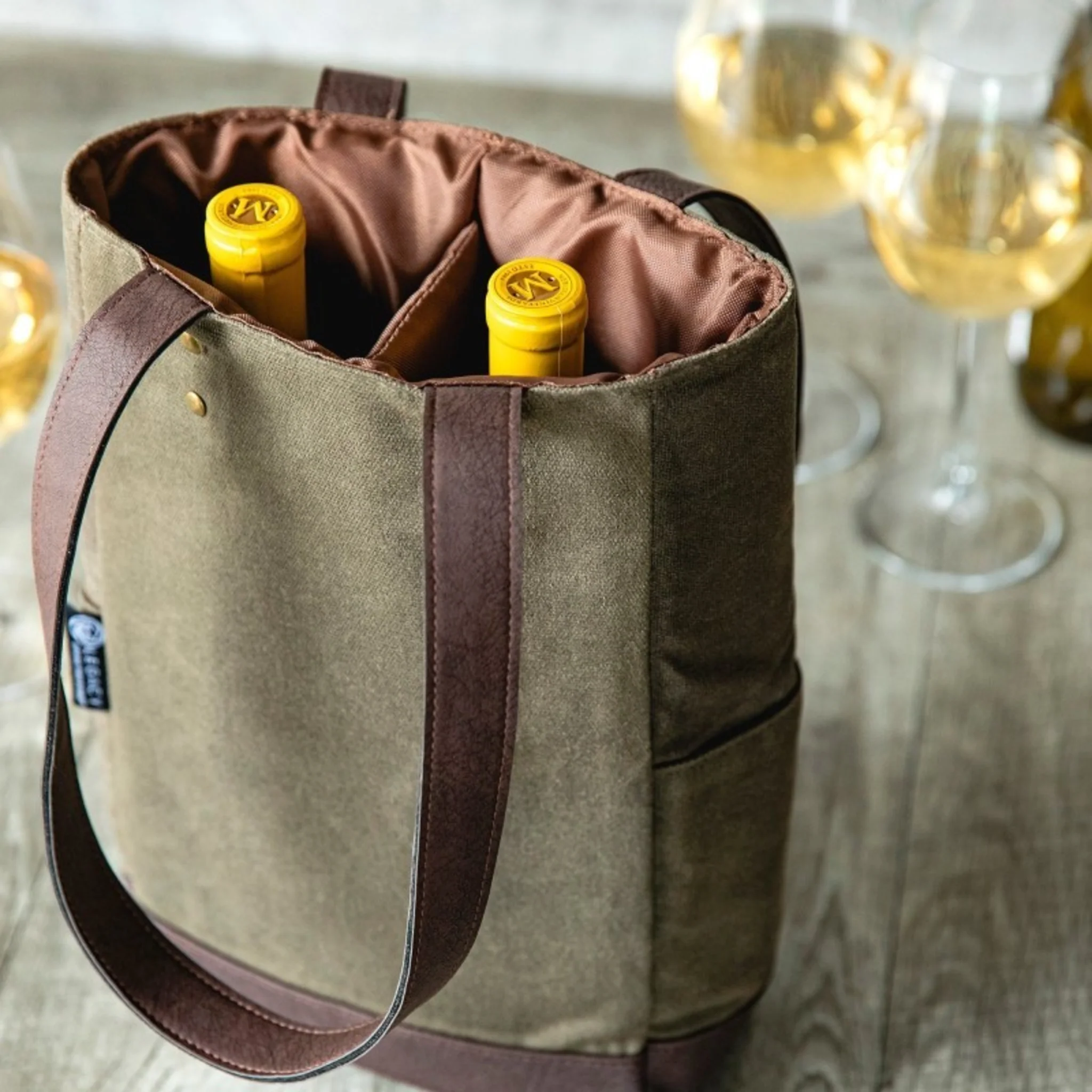 2 BOTTLE INSULATED WINE COOLER BAG, (KHAKI GREEN WITH BEIGE ACCENTS) - Image 2