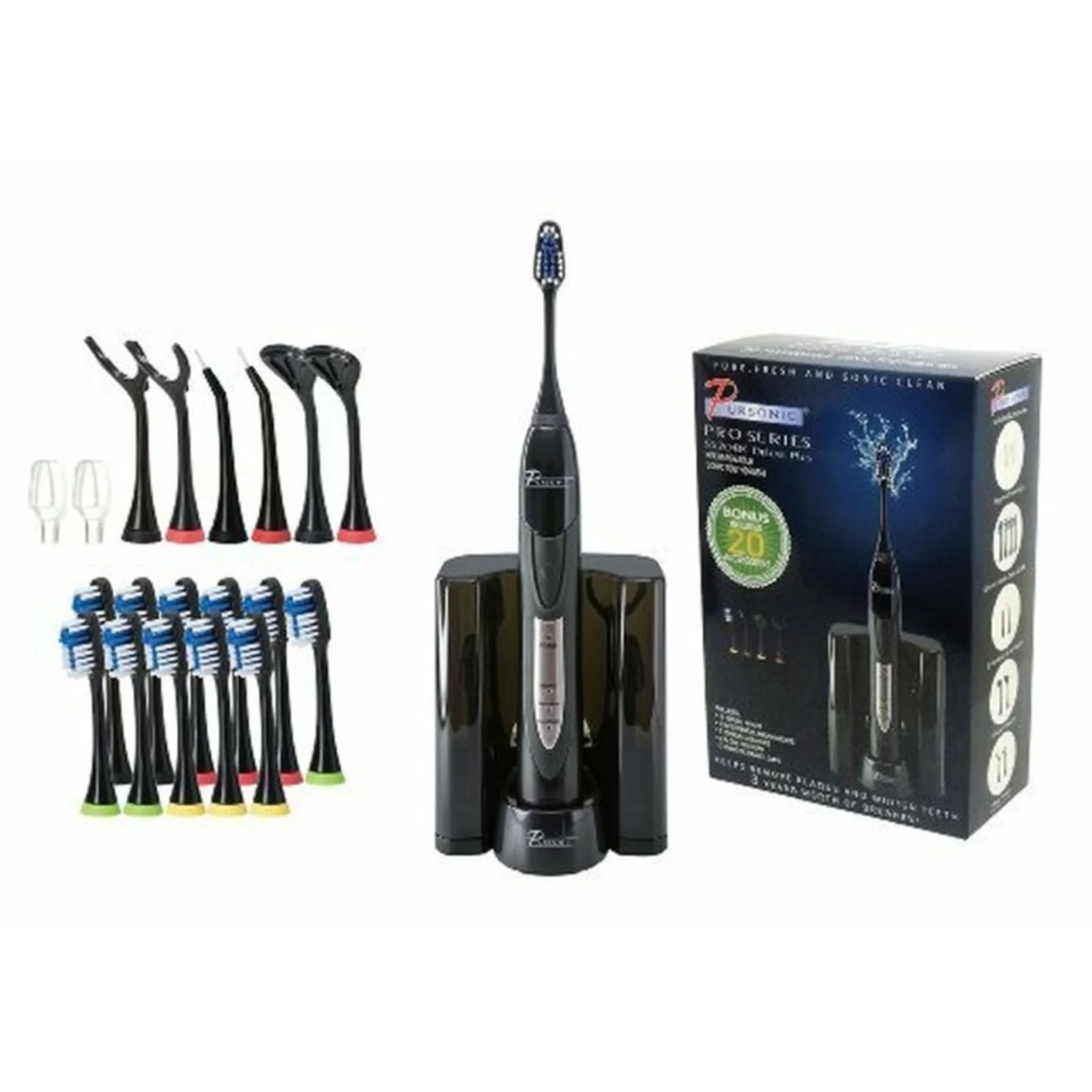 RECHARGEABLE SONIC TOOTHBRUSH WITH 12 BRUSH HEADS - (BLACK) - Image 2