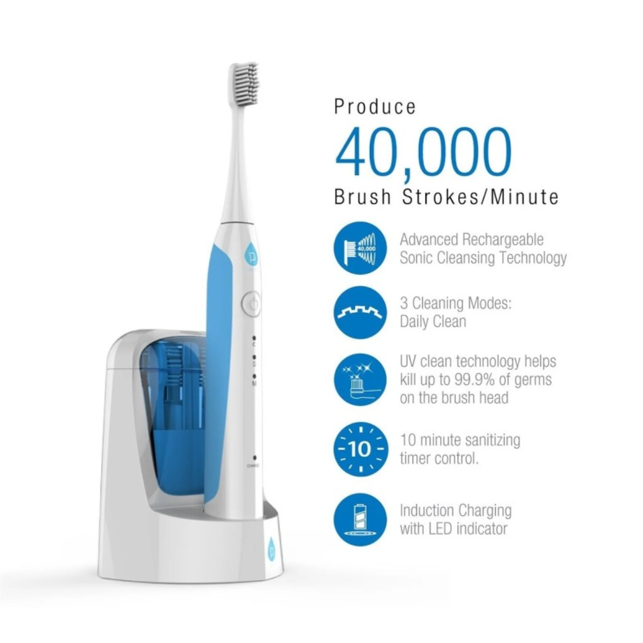 RECHARGEABLE SONIC TOOTHBRUSH WITH BUILT-IN UV SANITIZER - (WHITE) - Image 2