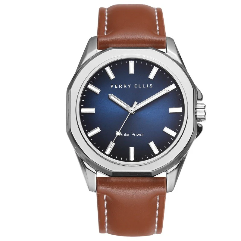 42MM SILVER TONE BLUE DIAL BROWN STRAP WATCH