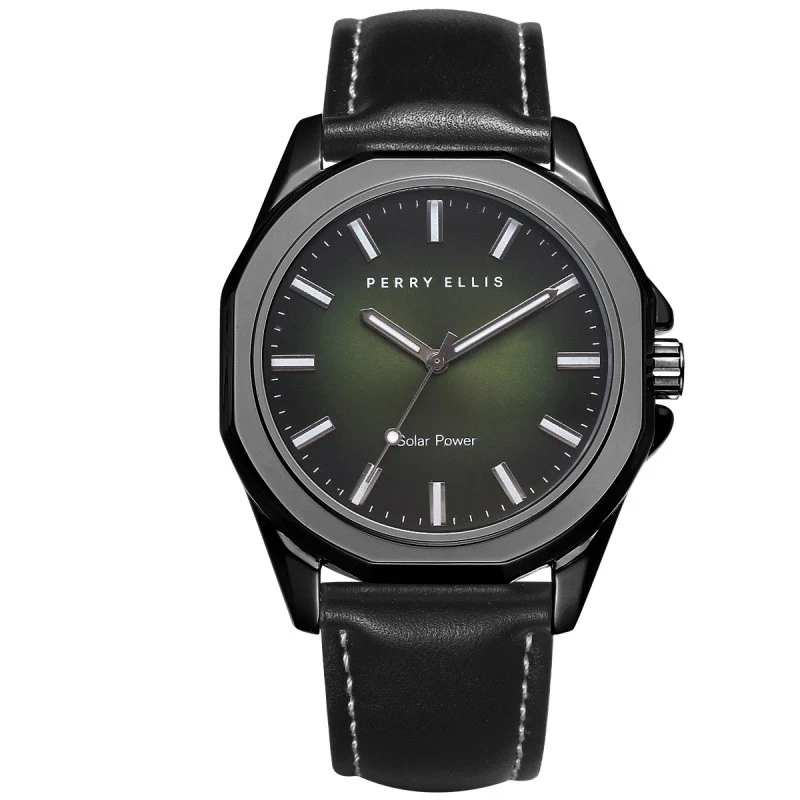 42MM GUNMETAL TONE GREEN DIAL SOLAR POWERED STRAP WATCH