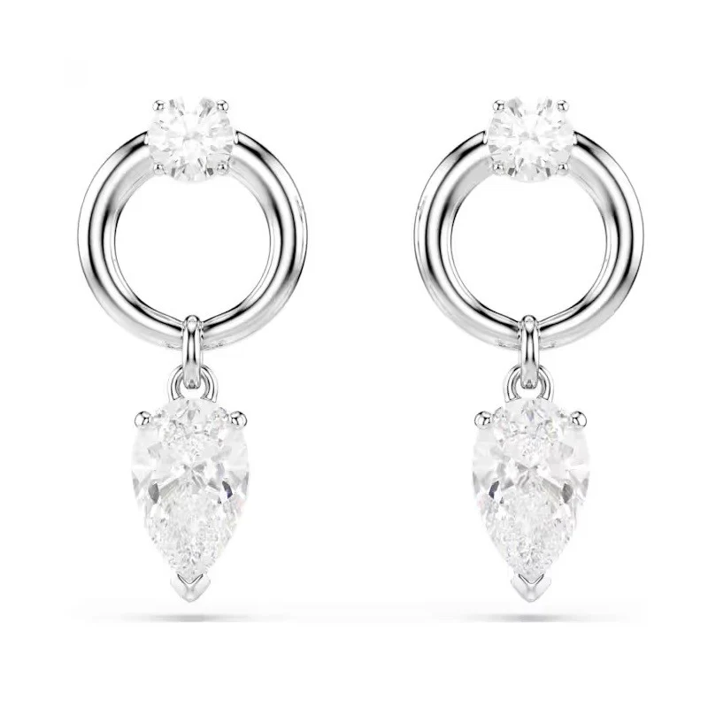 MESMERA DROP EARRINGS, MIXED CUTS, WHITE, RHODIUM PLATED