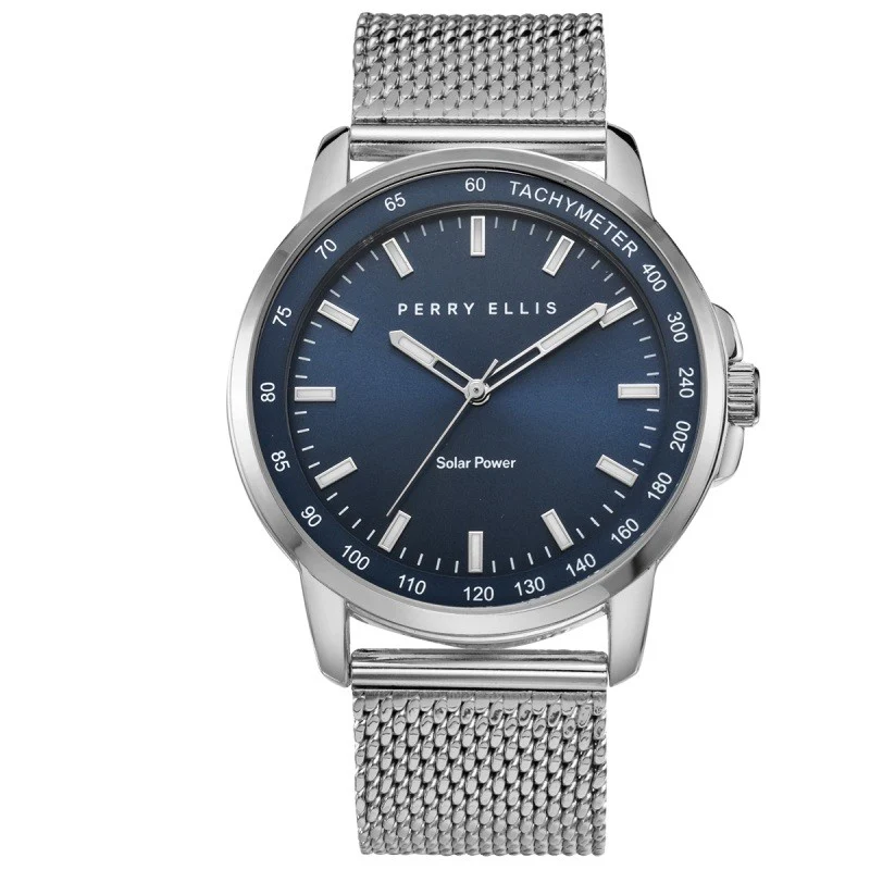 43MM SILVER TONE SOLAR POWERED MESH WATCH