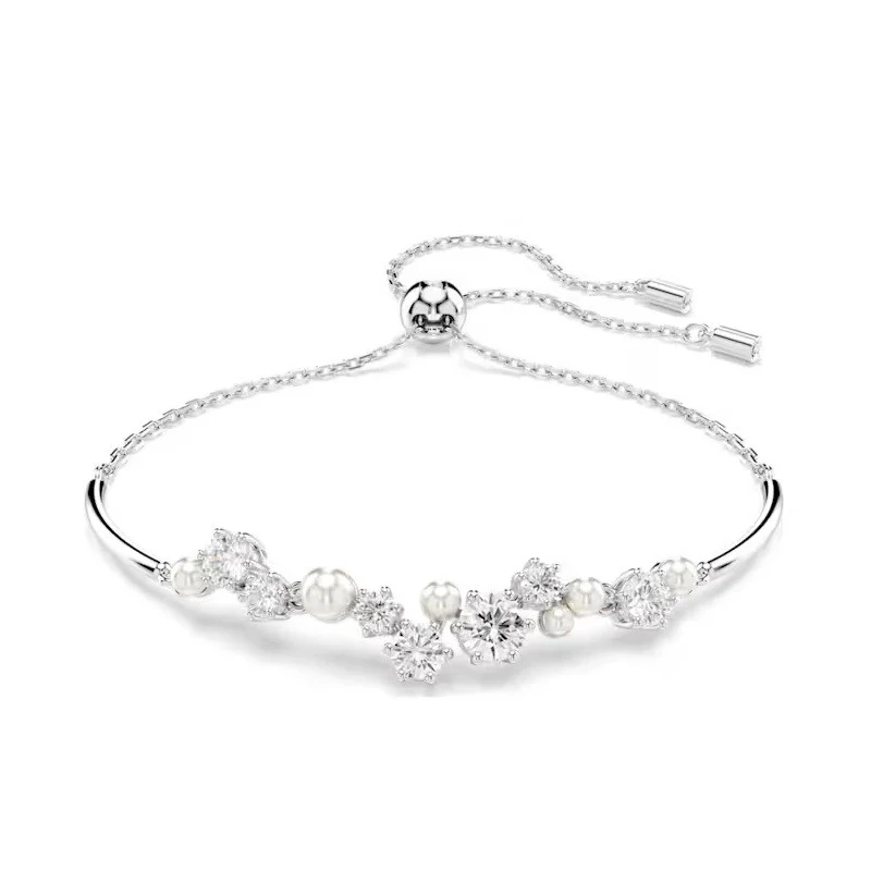 CONSTELLA BANGLE, CRYSTAL PEARL, ROUND CUTS, WHITE, RHODIUM PLATED-MEDIUM