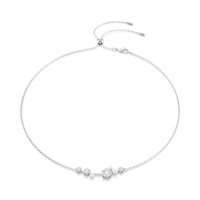 CONSTELLA NECKLACE, CRYSTAL PEARL, ROUND CUTS, WHITE, RHODIUM PLATED
