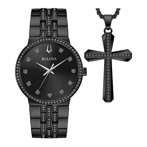 MENS CLASSIC CRYSTAL ION-PLATED WATCH & CROSS NECKLACE