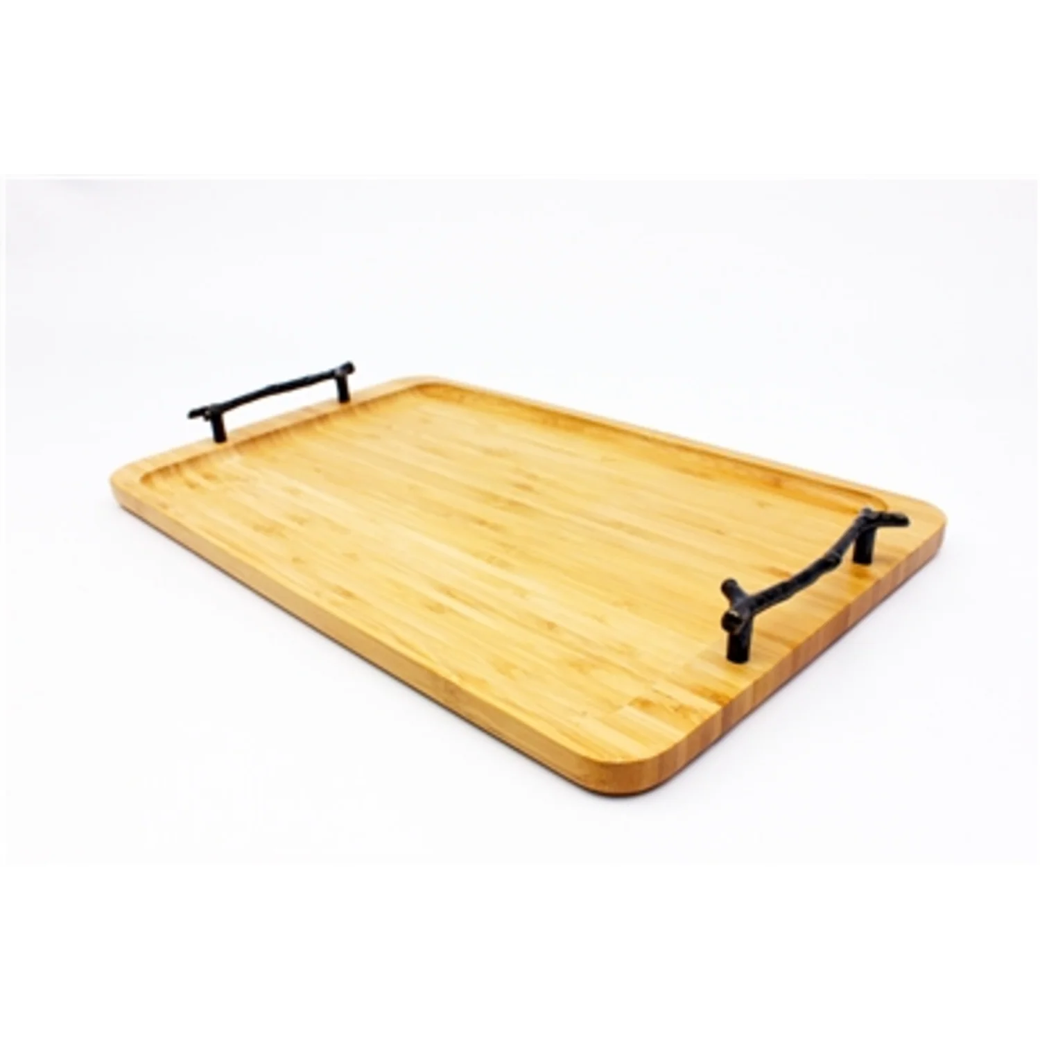 BAMBOO TRAY WITH WROUGHT IRON HANDLES, 15.5''