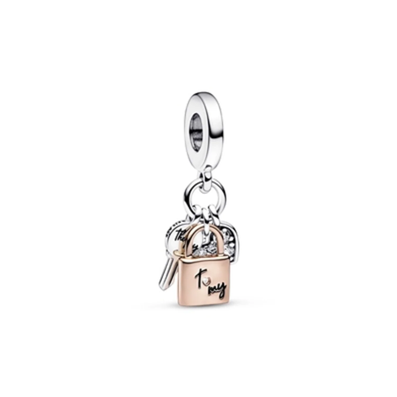 TWO-TONE KEY, PADLOCK AND HEART TRIPLE DANGLE CHARM