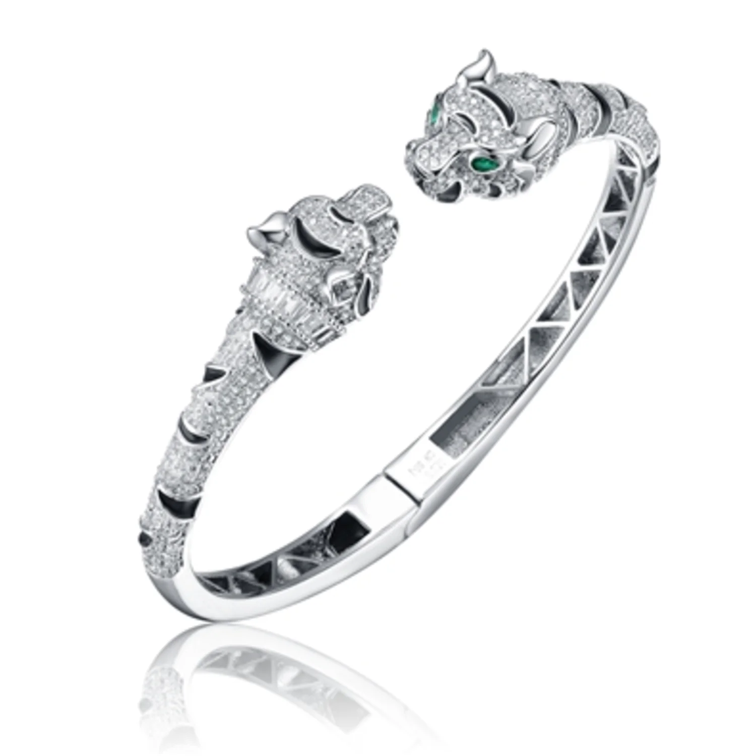RHODIUM CZ GREEN EYED TIGER BANGLE, 7"