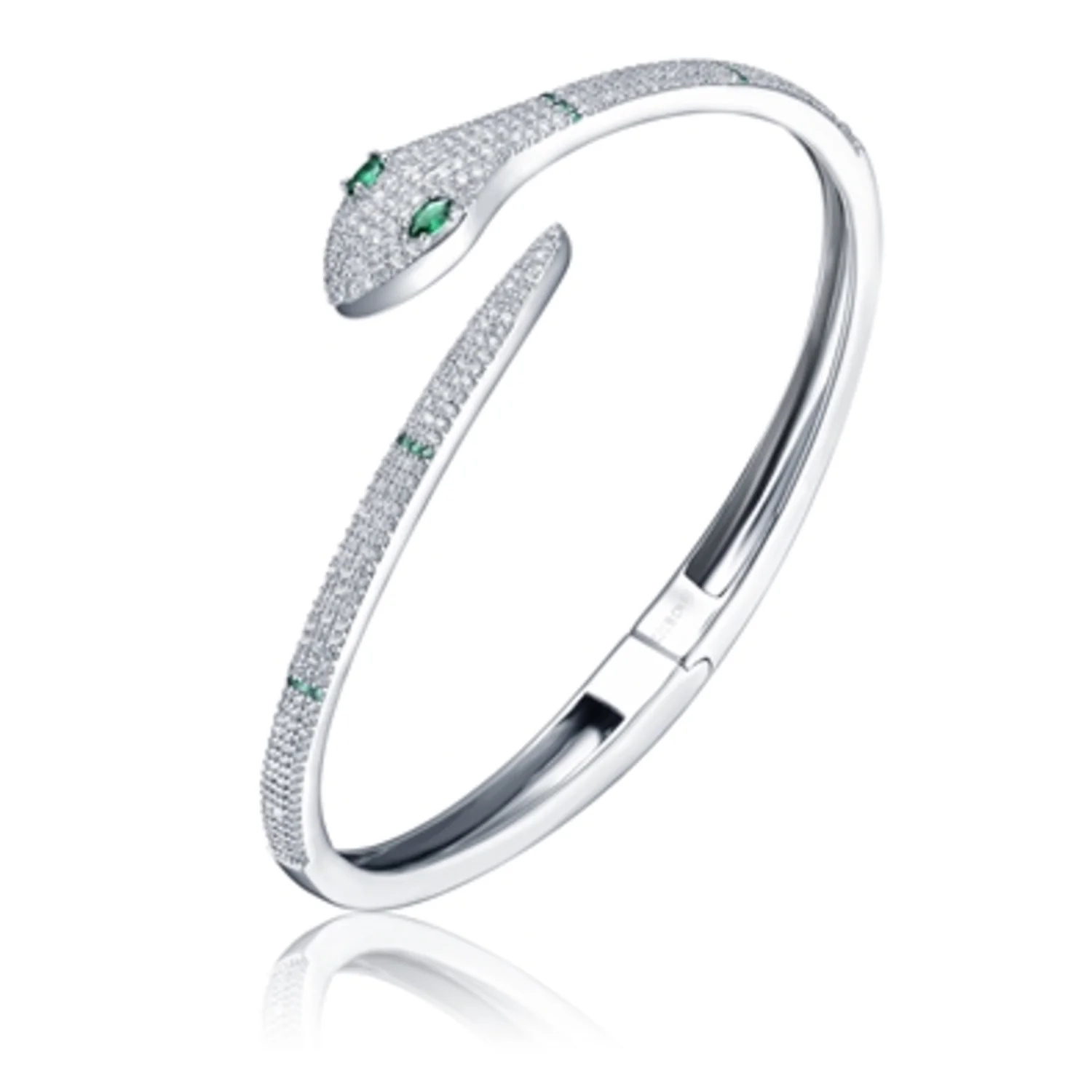 RHODIUM CZ GREEN EYED SERPENT BANGLE, 7.5"