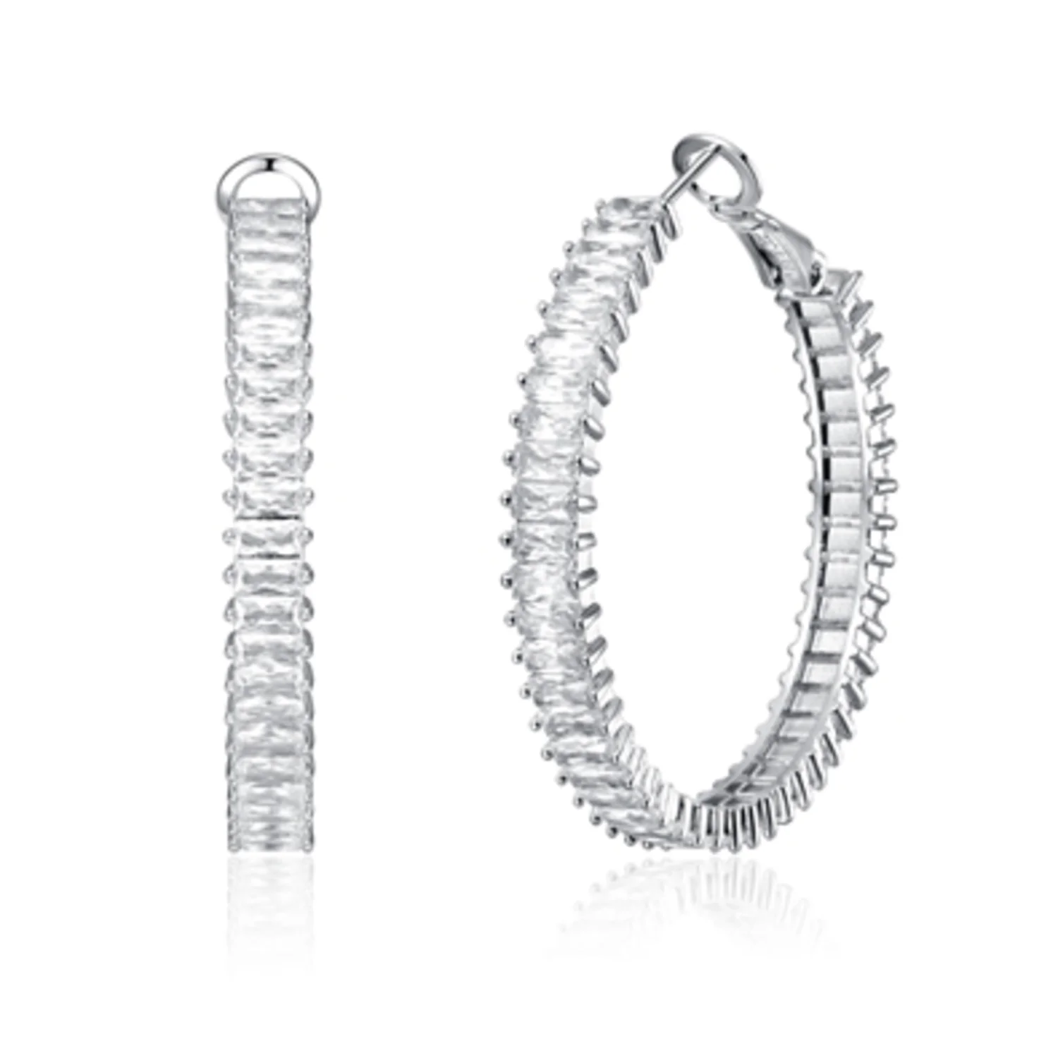 CZ RHODIUM LEVERBACK HOOP EARRINGS