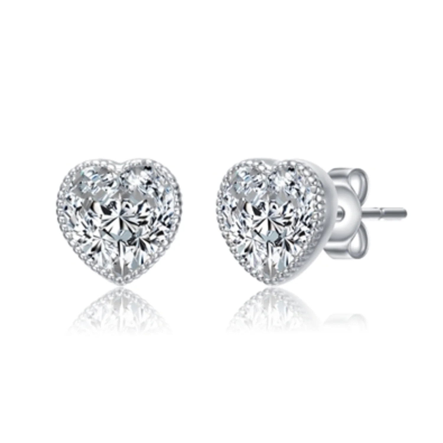 CZ RHODIUM HEART STUD EARRINGS