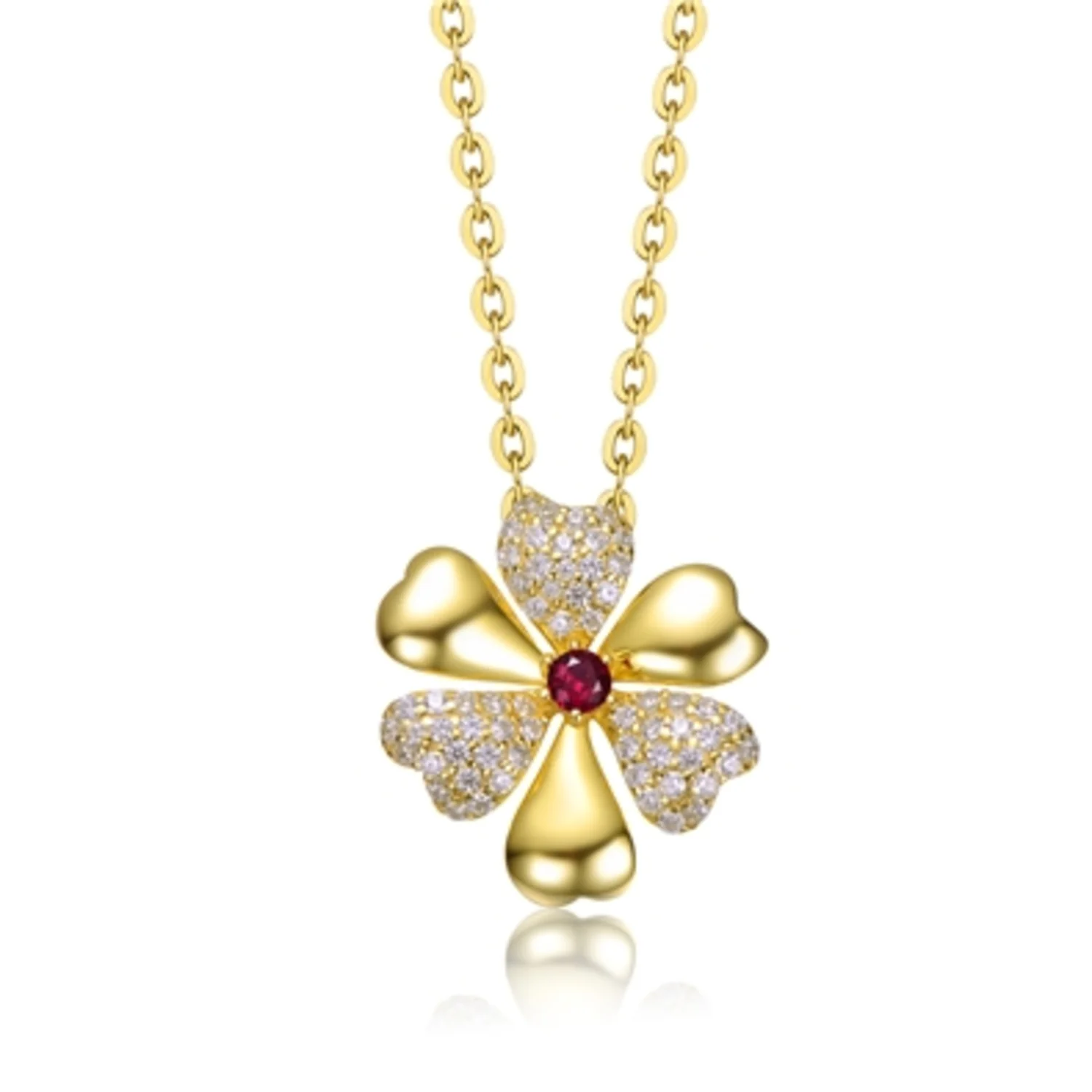 14K YELLOW GOLD RED FLOWER NECKLACE, 18"