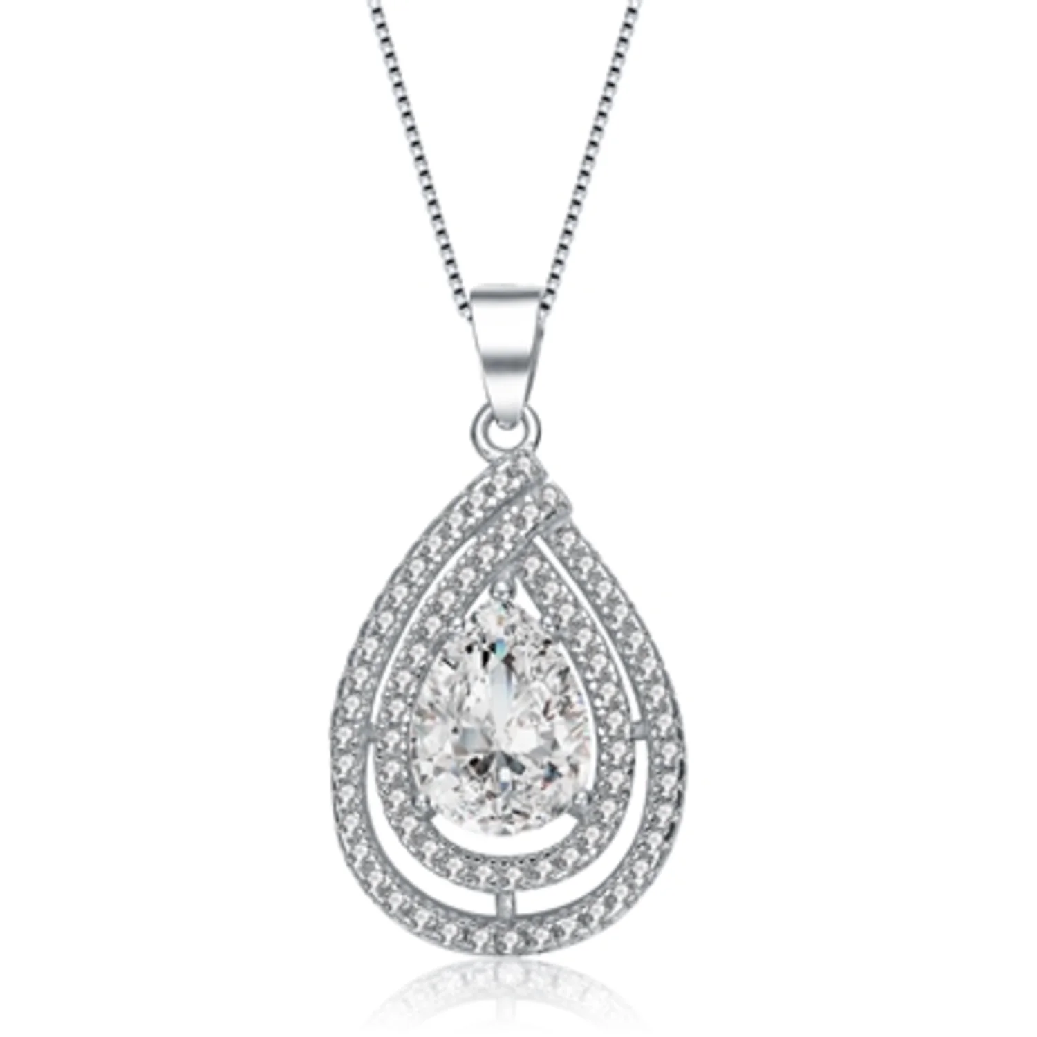 CZ RHODIUM PLATED PEAR SHAPE PENDANT, 16