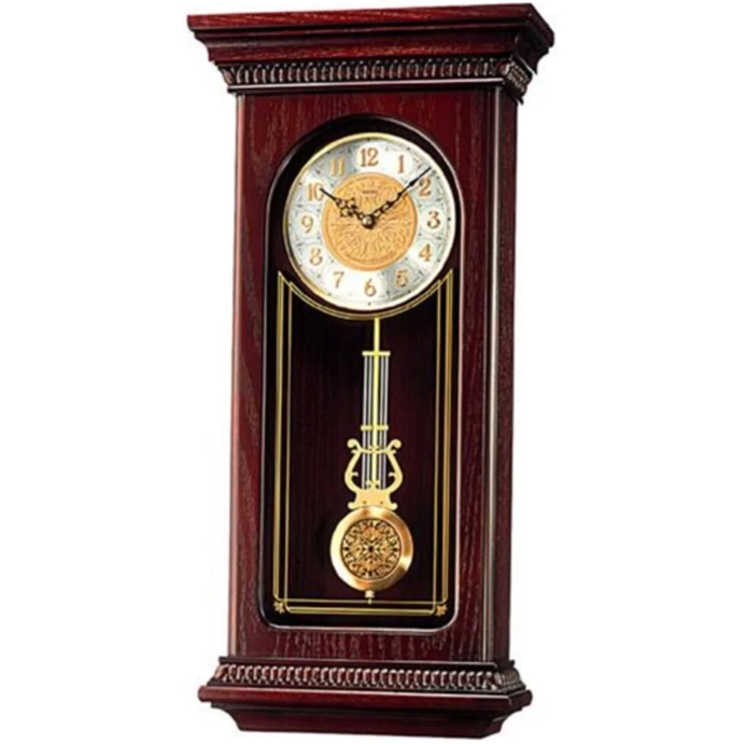 MAHOGANY WALL CLOCK W PENDULUM AND CHIME