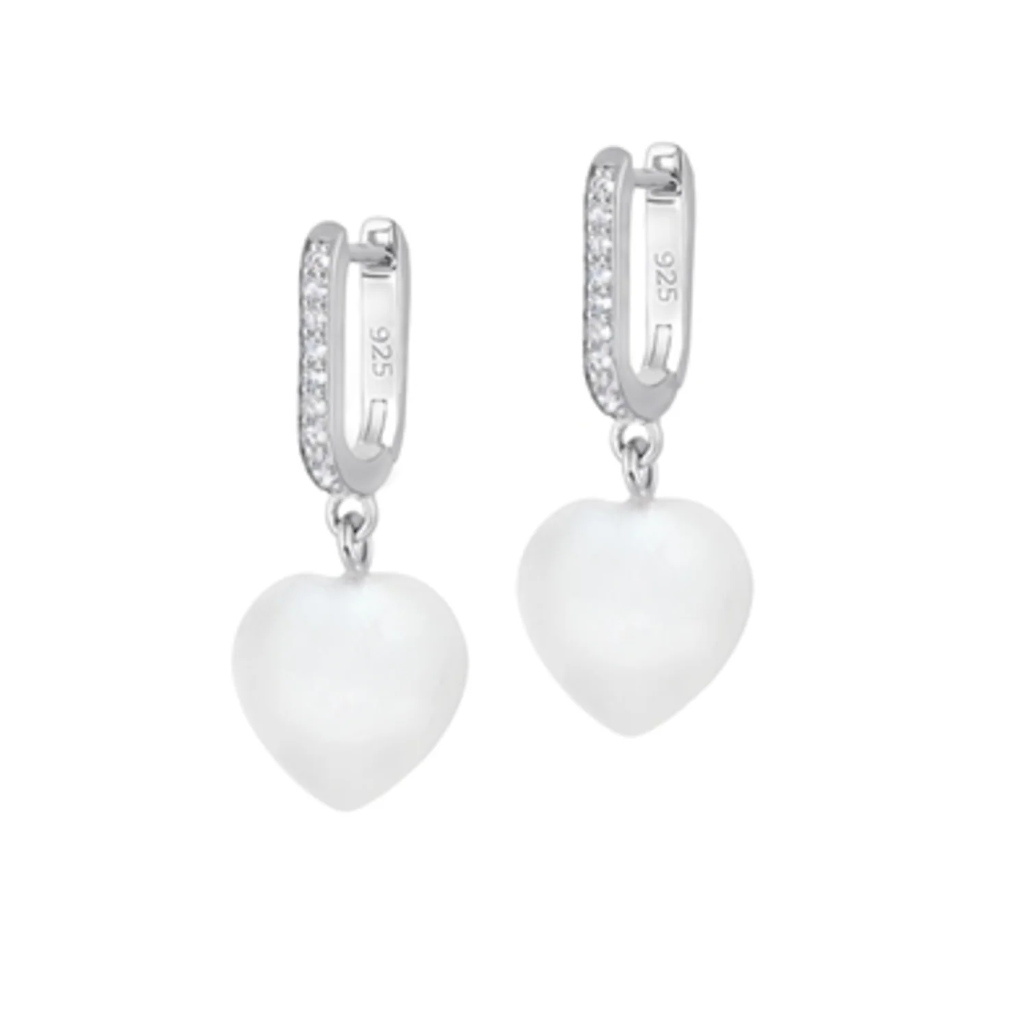 STERLING SILVER PEARL HEART EARRINGS, 8MM