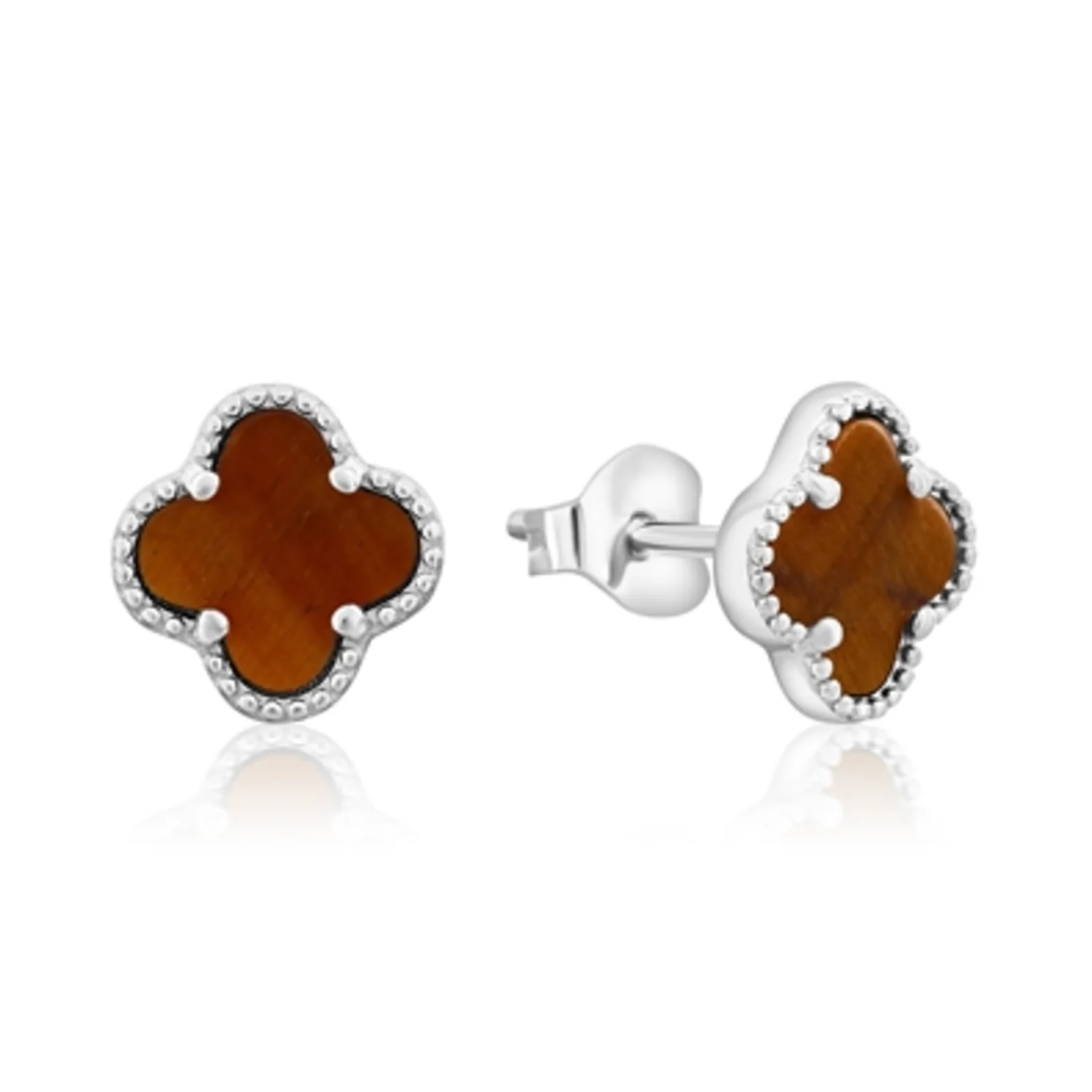 STERLING SILVER TIGER EYE CLOVER STUDS, 7MM