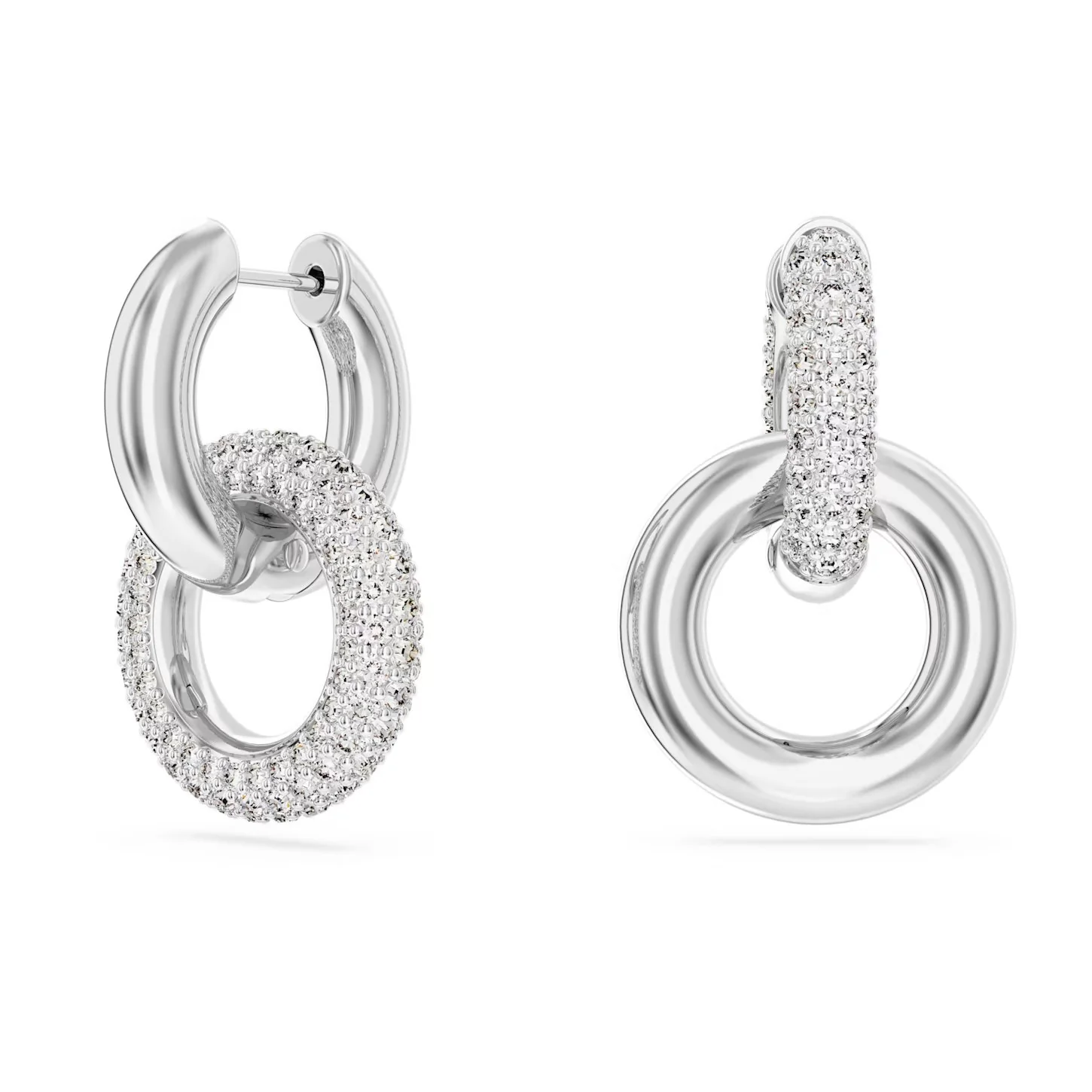 SWAROVSKI DEXTERA HOOP EARRINGS ASYMMETRICAL DESIGN, INTERLOCKING LOOP, WHITE, RHODIUM PLATED