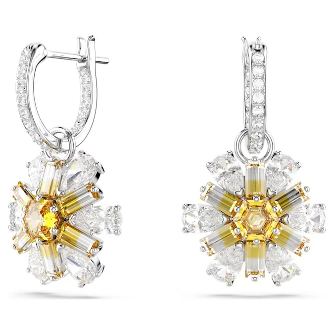 SWAROVSKI IDYLLIA DROP EARRINGS FLOWER, YELLOW, RHODIUM PLATED