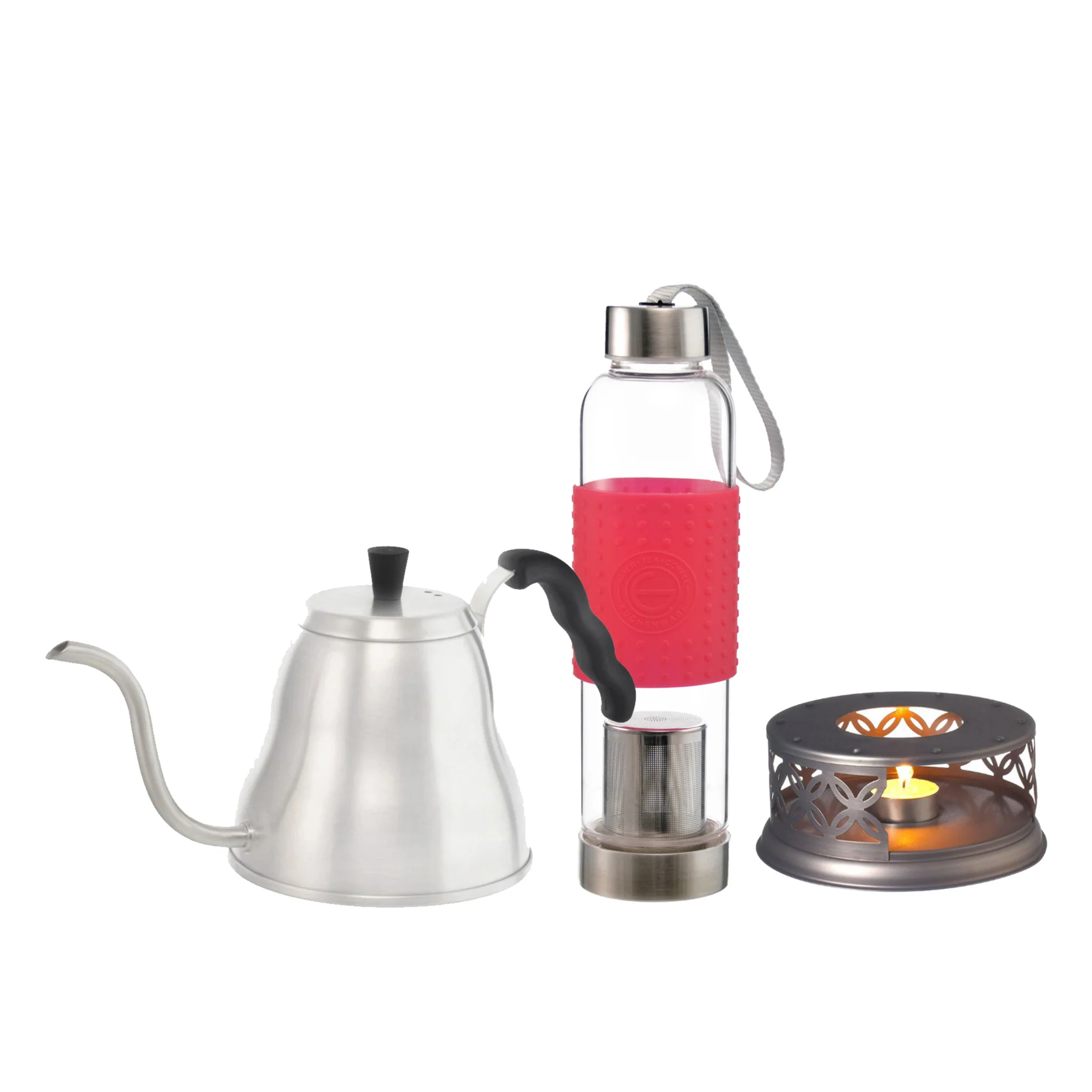 GROSCHE MARRAKESH 1000ML POUR OVER DRIP KETTLE & CAIRO TEAPOT WARMER & MARINO 500ML TEA INFUSER BOTTLE - RED - Image 2