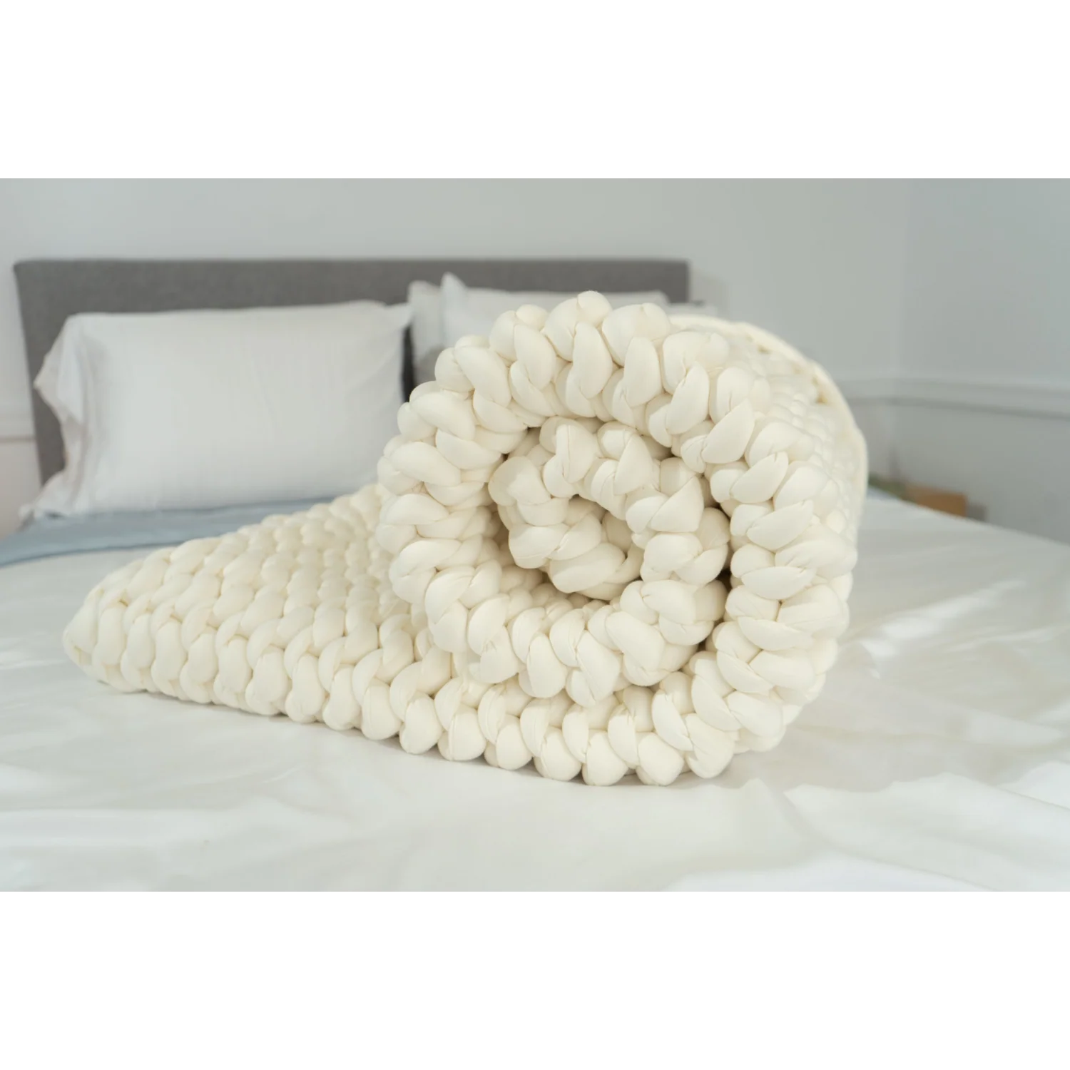 HUSH HAND KNIT 15LB MINKY VELOUR WEIGHTED BLANKET - CREAM - Image 2